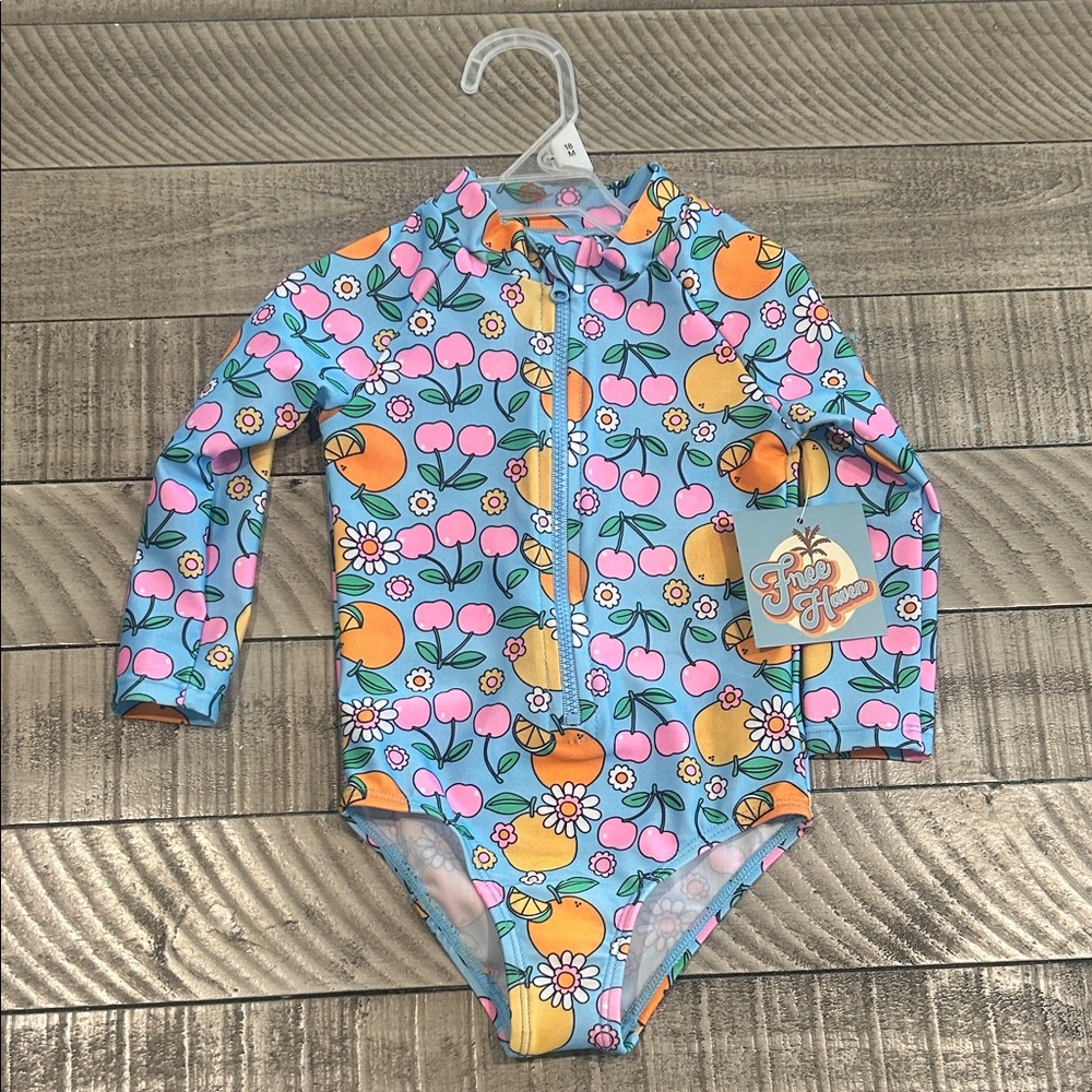 Bright Blue and Orange Floral Kids Rashguard